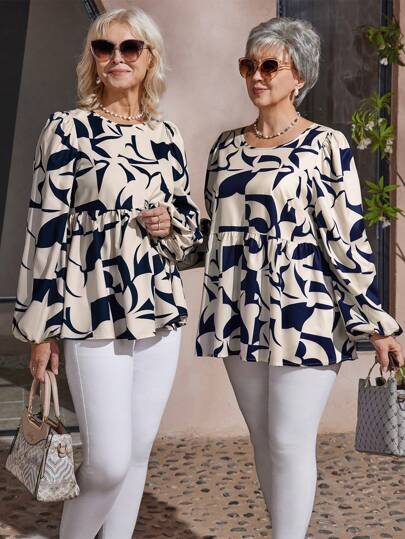 EMERY ROSE Áo sơ mi tay dài in họa tiết đèn lồng cỡ lớn cho mùa đông, áo cánh mùa đông