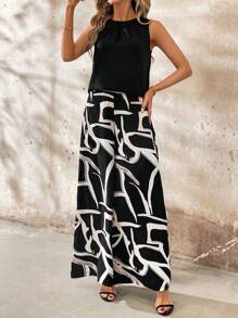 SHEIN Clasi Conjunto de top sin mangas de cuello redondo unicolor y pantalones de pierna ancha para mujeres