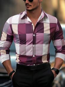 Manfinity Homme 男士休闲格子单排扣长袖衬衫（无条纹），秋季 - 彩色 - 查看 4