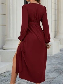 SHEIN Maternity Solid Color Overlap V-Neck Lantern Sleeve Split Hem Elegant Dress