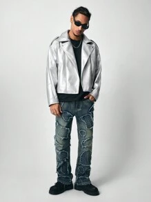 ROMWE MEN Street Life Men's Silver Fabric Casual Simple Leather Jacket With Front Buttons, Suitable For Autumn/Winter - Silver - View 2