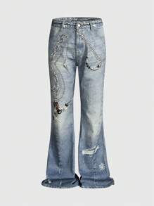 ROMWE MEN Street Life Men's Chain Pattern Pocket Flare Leg Casual Jeans - Blue - View 6