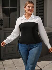 SHEIN Clasi Plus Size Women Solid Color Patchwork Long Sleeve Casual Blouse