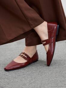 CUCCOO BIZCHIC Women's Square Toe Flat Shoes, Burgundy Fashion Buckle Strap Lady Flats Valentines - Burgundy - View 1