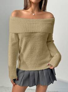 Chiquease Women's Solid Color Off Shoulder Long Sleeve Casual Sweater, Daily Wear Knit Pullover Fall Winter Sweater
