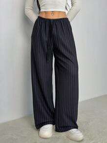 SHEIN PETITE Elastic Waist Black Knitted Striped Casual Pants