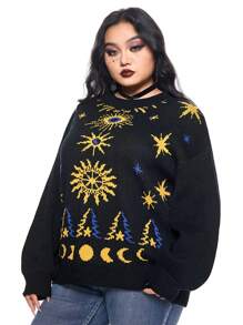 ROMWE Hippie 大码嬉皮复古迷人星月提花针织套衫