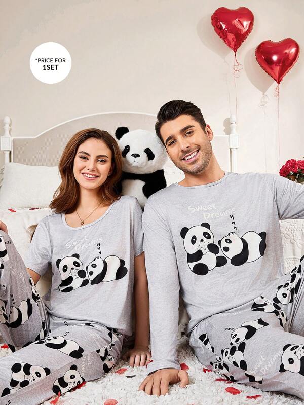 CoupledUp Set de 2 piezas de pijama para hombre con estampado lindo de panda para usar en casa