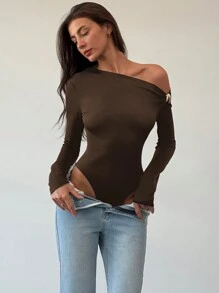 Aloruh 黑色精致现代吊带长袖扭纹金属点缀紧身衣 - 棕色 - 查看 5