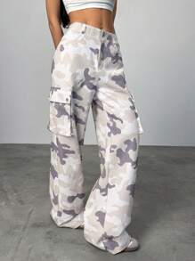 SHEIN EZwear Quần ống rộng phong cách Western Camo thời trang dạo phố dành cho nữ - Màu be - Xem 3