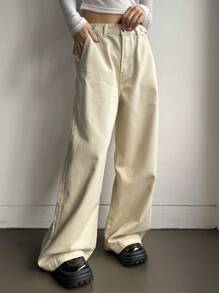 DAZY Pantaloni larghi in vita alta di colore tinta unita con tasche frontali con bottone per le donne