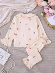 SHEIN Young Girl' Dance Ruffled Cardigan And Long Pants Pajama Set - Yellow - View 2