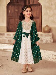 SHEIN Young Girl Color Block V-Neck Fitted Woven Dress - Green - View 7