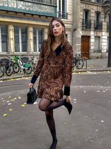 Pariaura Romantic Retro Premium Fashion Sexy Leopard Patchwork Lapel Long Sleeve Casual Flared Mini Dress For Women
