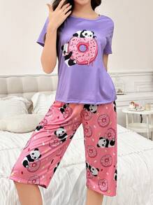 2 件套熊猫和甜甜圈印花短袖七分裤套装 - 彩色 - 查看 3