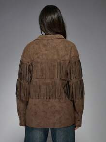MISSGUIDED Suede Fringe Shirt - Coffee Brown - View 2