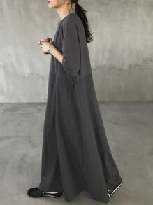 女士宽松腰部拼接长款休闲连衣裙，灰色，夏季吊带连衣裙 - 灰色 - 查看 5