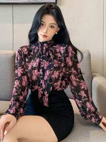 DAZY 女士印花长袖宽松系领衬衫上衣，适合春夏度假及秋季穿着。 - 黑色 - 查看 1