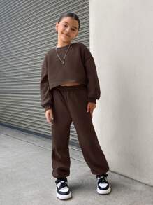 SHEIN Leap Crew Tween 女童宽松复古短款圆领运动衫和运动裤 2 件套，纯色运动休闲 - 棕色 - 查看 5