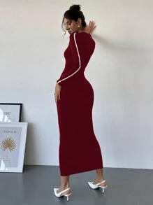 Firerie Women Contrast Color Long Sleeve Bodycon Maxi Sweater Dress - Burgundy - View 2