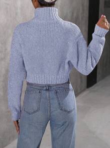 Flirla Women Solid Color High Neck Long Sleeve Pullover Sweater, Casual & Simple Knit Pullover Fall Winter Sweater - Baby Blue - View 2