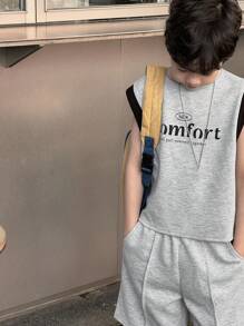 DAZY 2pcs Tween Boys Solid Color Patched Round Neck Letter Print Simple Top And Pants Set,Back To School Clothes