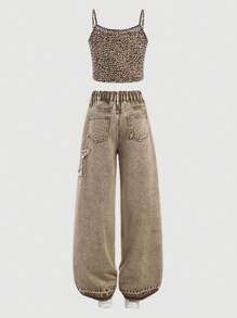 SHEIN Tween Girl Y2K 2pcs Fashion Leisure Leopard Print Simple & Comfy Tank Top & Frayed Hem Decor Washed Distressed Star Pattern Khaki Baggy Straight Leg Jeans, Girls Y2K Two Pieces Outfits - Khaki - View 2