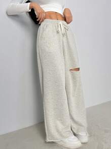 SHEIN PETITE Ripped Drawstring Waist Wide Leg Sweatpants - Grey - View 7