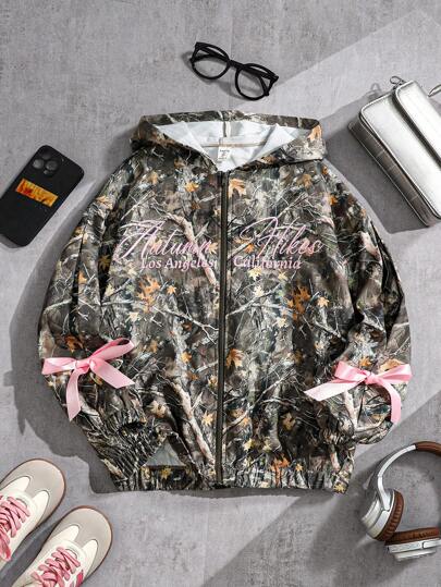 Tween Girl Y2K Style Fake Forest Green Camo Pink Embroidery Slogan Bow Decor Loose Casual Street Hoodie Sweatshirt Jacket, Versatile For Outdoor, Back To School,In Fall/Winter