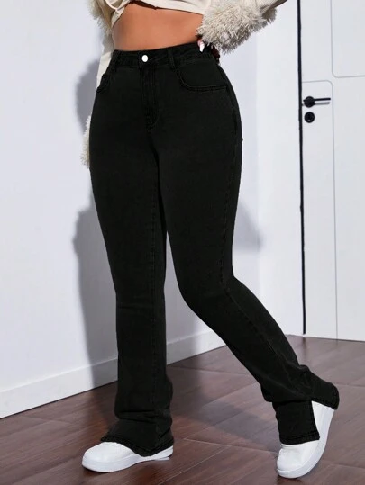 SHEIN ICON Plus Size Front Button Pocket Simple Denim Jeans, Casual Everyday Wear