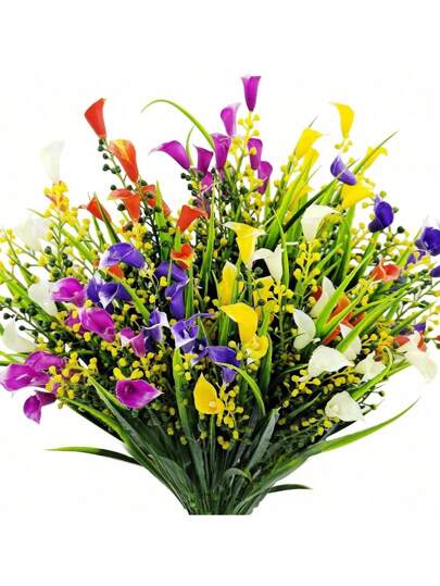 5 ramos de callas de lirios de primavera artificiales con protección UV, flores falsas de plástico para decoración de verano en interiores y exteriores, macetas colgantes, decoración del hogar, el jardín, el porche, regalos de San Valentín, bodas, cumpleaños, Pascua (multicolor)