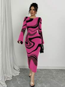 Elenzga 女式拼色圆领长袖修身收腰休闲连衣裙