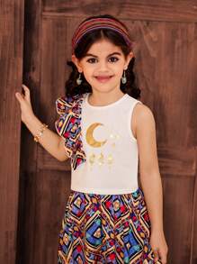 SHEIN 2pcs Setelan Baju Anak Perempuan Serasi Motif Cetak Panas, Lengan Berkerut Berlebihan, dan Rok Motif Retro untuk Musim Semi dan Musim Panas - MultiWarna - View 3