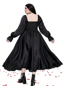 Flirla 大码浪漫纯色腰部合身长袖连衣裙哥特女装 - 黑色 - 查看 3