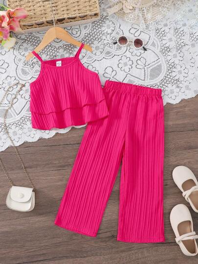 SHEIN 2 件套年轻女孩时尚荷叶边吊带上衣和裤子夏季服装，舒适度假