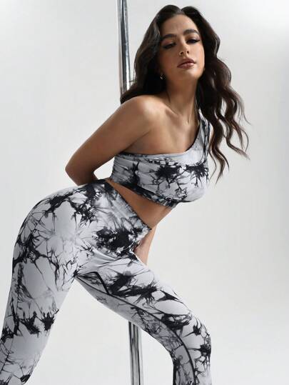 Menodora SHEIN Sport 女士扎染印花无袖上衣和紧身裤运动运动服套装适合钢管舞和日常锻炼