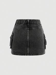 SHEIN Girlism Teens' Cargo Pocket Short Casual Denim Mini Skirt - Black - View 2