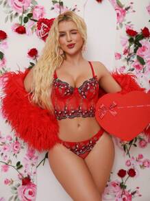 Pink Floral Mesh Lace Strap Women Lingerie Set