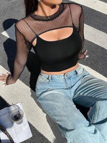 Muchica Plus Size Women's Black Mesh Cropped Pullover Top