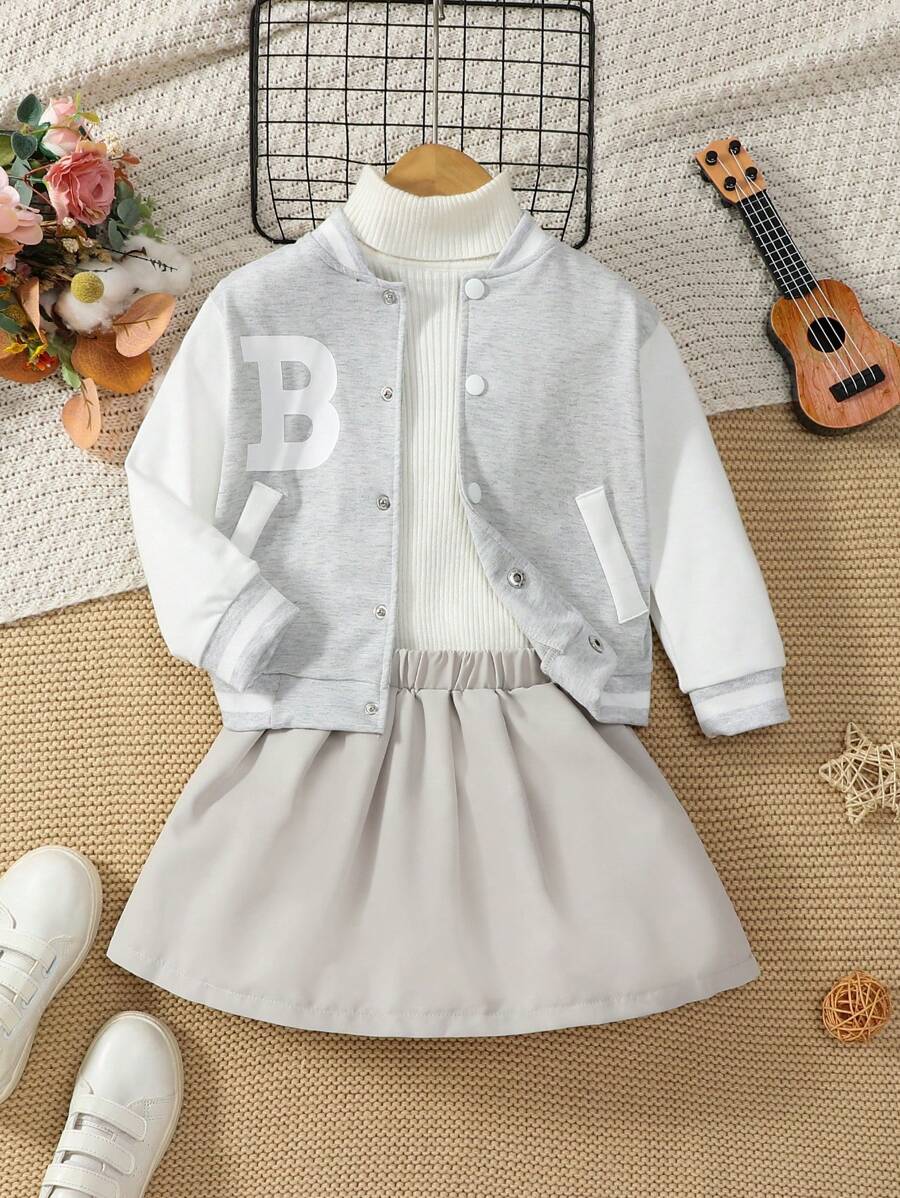 SHEIN Young Girl Simple Fashionable Casual Daily Jacket + Skirt Set - Light Grey - View 1
