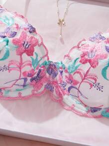 SHEIN 2pcs Romantic Embroidered Floral Sexy Lingerie Set For Women - Multicolor - View 3
