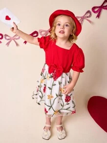 Vestido de princesa para niñas elegante con bordado floral de malla, decorado con bordados exquisitos de rosas y flores amarillas, combinado con Top roja y sombrero balde a juego con moño, que presenta un ambiente gracioso y vibrante, adecuado para Año Nuevo, uso diario y fotografía - Rojo - Ver 1