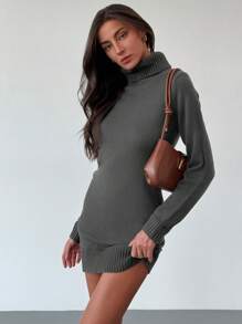 Aloruh New Style High Neck Comfortable Undershirt Versatile Coffee-Color Knitted Mini Bodycon Dress