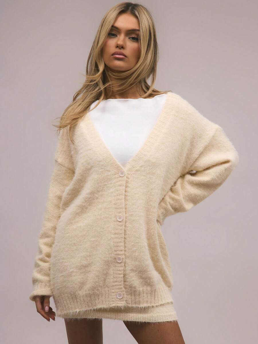 MUSERA Oversized V Neck Button Up Knit Cardigan Evening Party Elegant - Yellow - View 1