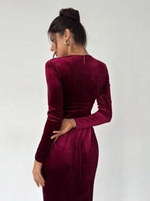 Firerie Vestido de noche largo y elegante con escote en V, manga larga, ajustado y extra largo con hebilla de rhinestone en vino tinto para mujer - Burdeos - Ver 6