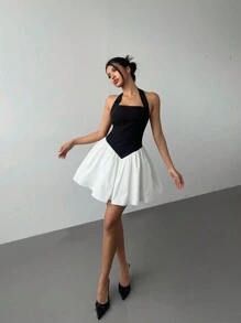 Aloruh Black & White Contrast Color Halter Party Short Dress, Elegant For Women, For Graduation
