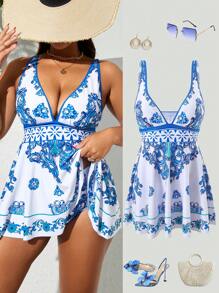 Swim Lushoire Plus Size Women Floral Print Spaghetti Strap Tankini Set, Blue & White Porcelain Pattern Elegant Two Pieces Swimsuit Set For Vacation Beach Summer