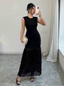 Elenzga Vestido sin mangas con adorno de plumas largas para mujeres - Negro - Ver 1