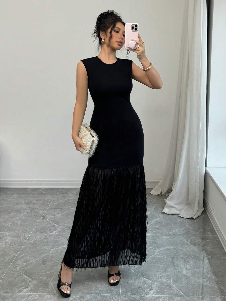 Elenzga Vestido sin mangas con adorno de plumas largas para mujeres - Negro - Ver 1
