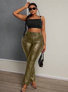 Slaydiva Plus Size Women's Front Tie Collar Minimalist Slim-Fit Casual PU Leather Pants - Army Green - View 4